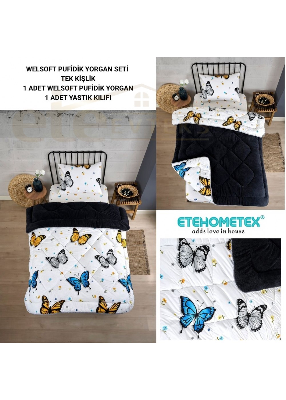 ETE HOMETEX TEK KİŞİLİK LÜX WELSOFT YORGAN SETİ KELEBEK ANTRASİT 155X215CM 8696474231929